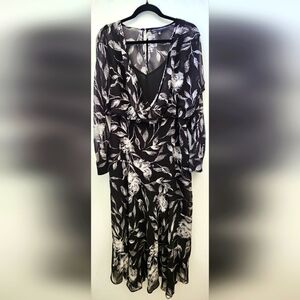 White House Black Market Monochrome Leaf Print Long Sleeve Sheer Midi Dress 14‎